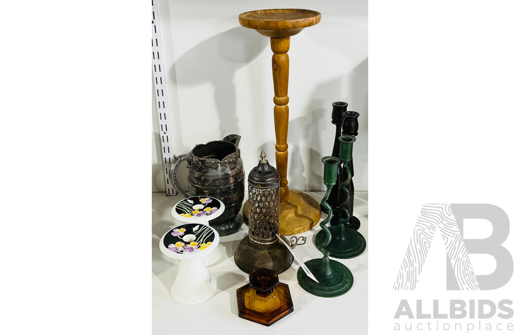 Collection Decorative Items Including Candleholders, Silver Plate Jug and More