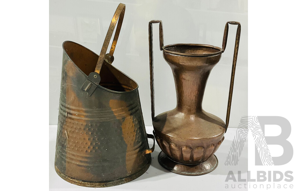 Copper Scuttle and Dual Handled Vase
