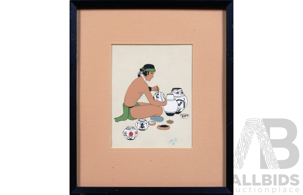 Percy Tsisete Sandy (Kai-Sa) (1918-1974, Native American), 'Boy Painting Pottery' & 'Girl with a Kiln', Screenprint (2)
