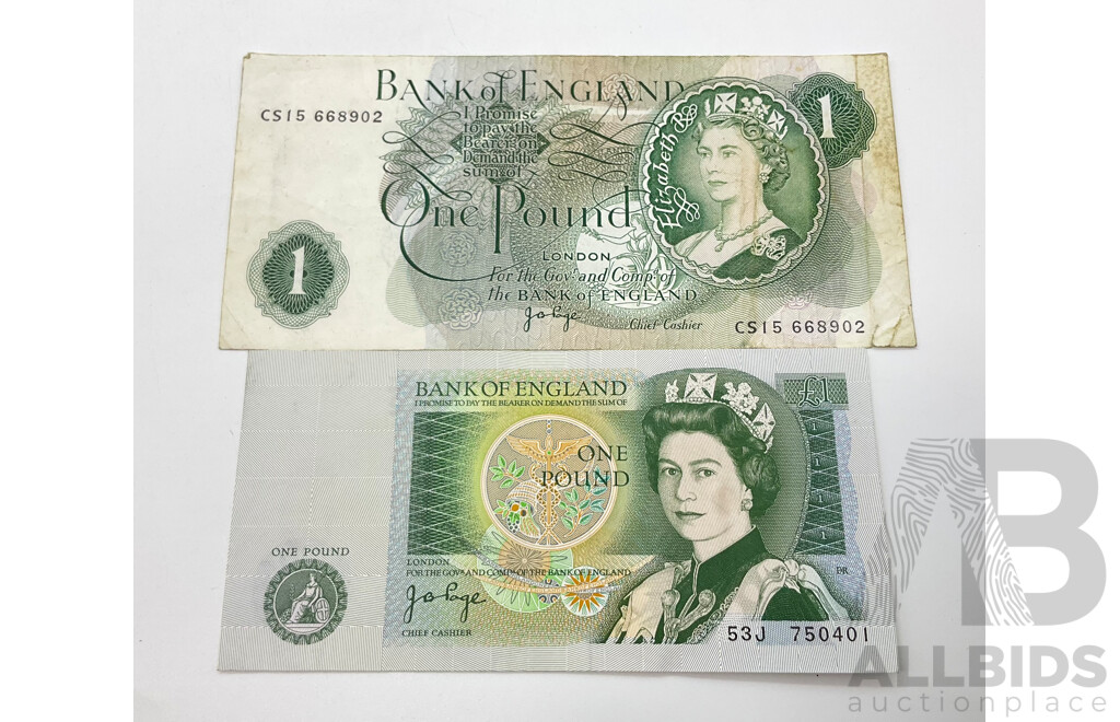 Two United Kingdom One Pound Notes 1960's CS15 and 1980's 53J