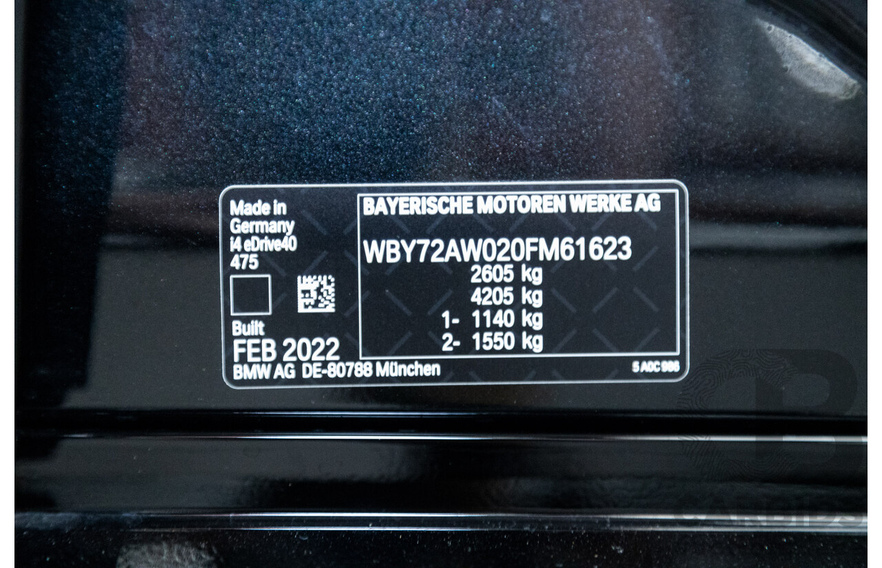 05/2022 BMW i4 eDrive40i M-Sport Gran Coupe G26 4D Coupe Black Sapphire Metallic Electric EV 250kw