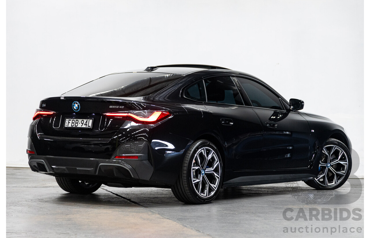 05/2022 BMW i4 eDrive40i M-Sport Gran Coupe G26 4D Coupe Black Sapphire Metallic Electric EV 250kw