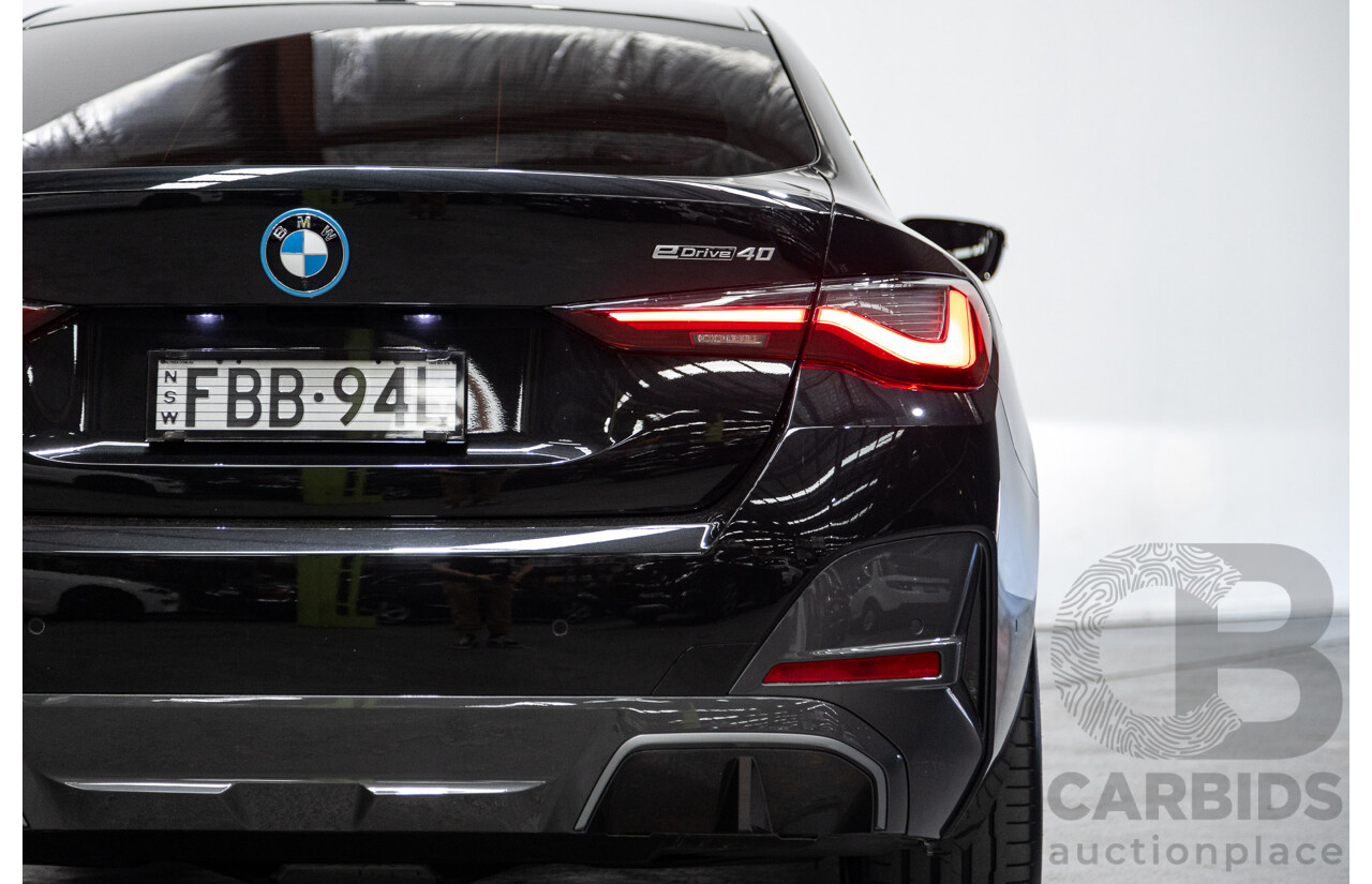 05/2022 BMW i4 eDrive40i M-Sport Gran Coupe G26 4D Coupe Black Sapphire Metallic Electric EV 250kw
