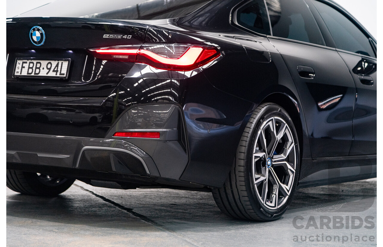 05/2022 BMW i4 eDrive40i M-Sport Gran Coupe G26 4D Coupe Black Sapphire Metallic Electric EV 250kw