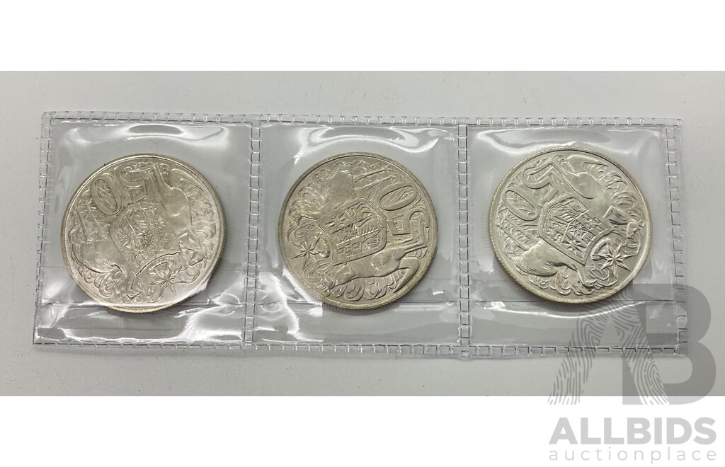 1966 Three UNC Australian 50c Coins.