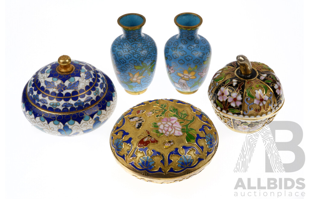 Collection Five Pieces Asian Cloissone Comprising Three Lidded Trinket Dishes and Pair Vases