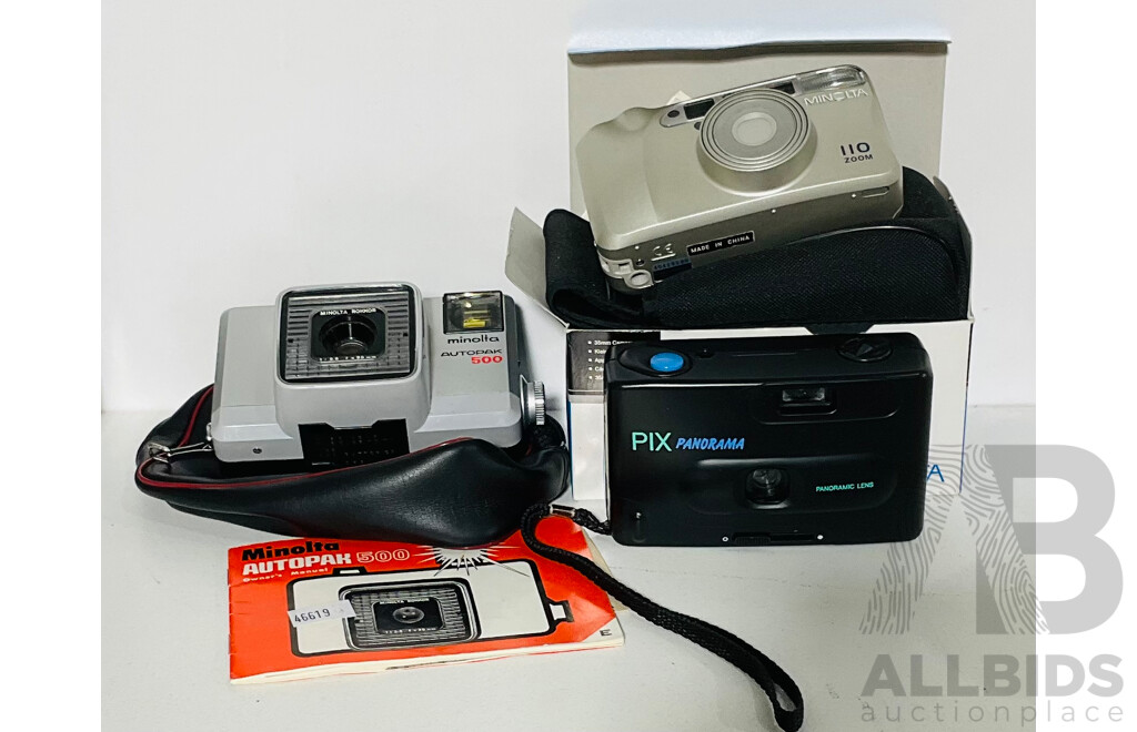 Trio of Automatic Cameras Including Minolta Zoom IIO in Box, Pix Panorama and a Vintage Minolta Autopak 500 - Bought in 1968 and with Instruction Booklet