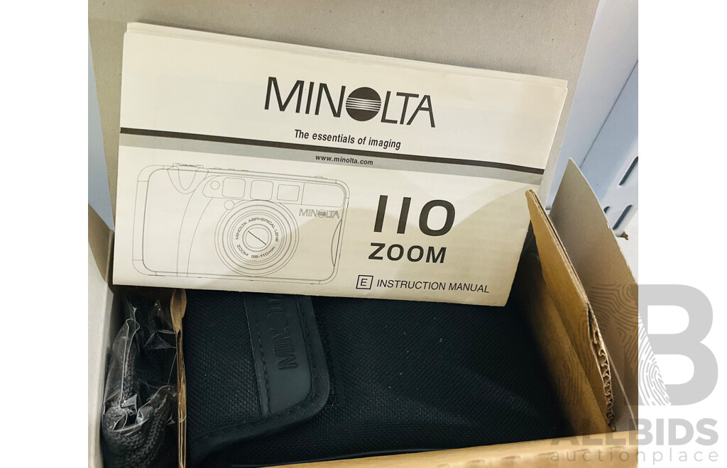 Trio of Automatic Cameras Including Minolta Zoom IIO in Box, Pix Panorama and a Vintage Minolta Autopak 500 - Bought in 1968 and with Instruction Booklet