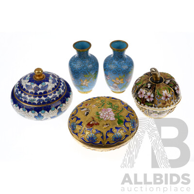 Collection Five Pieces Asian Cloissone Comprising Three Lidded Trinket Dishes and Pair Vases