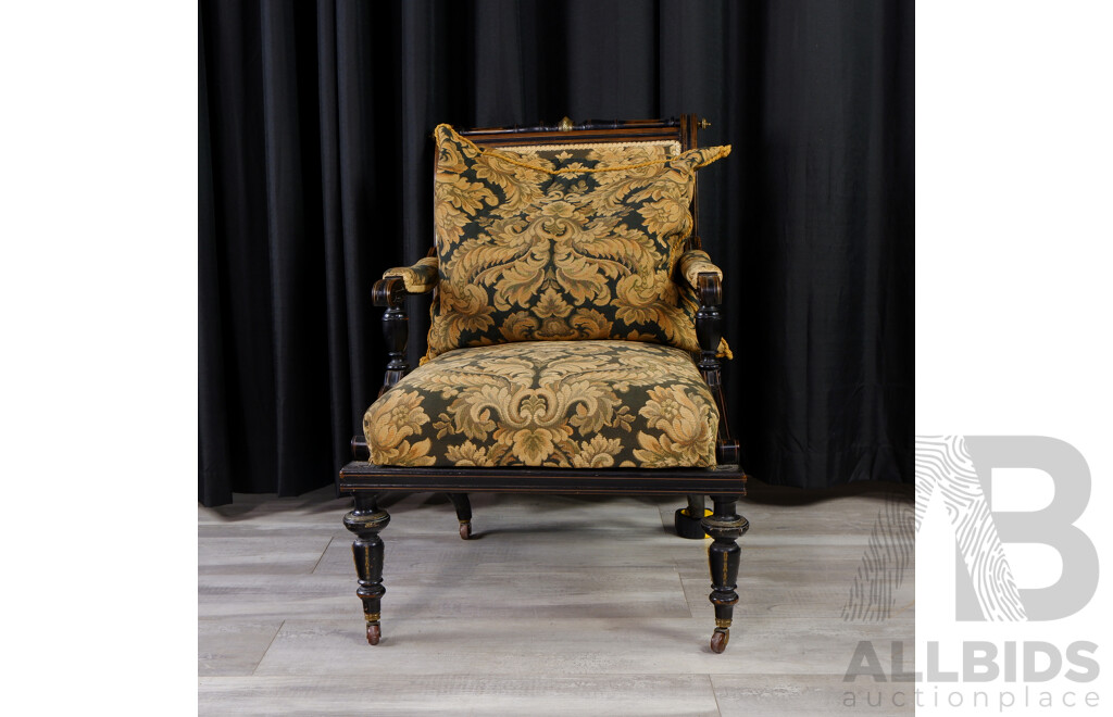 Ebonised French Bedroom Chair with Brocade Upholstery