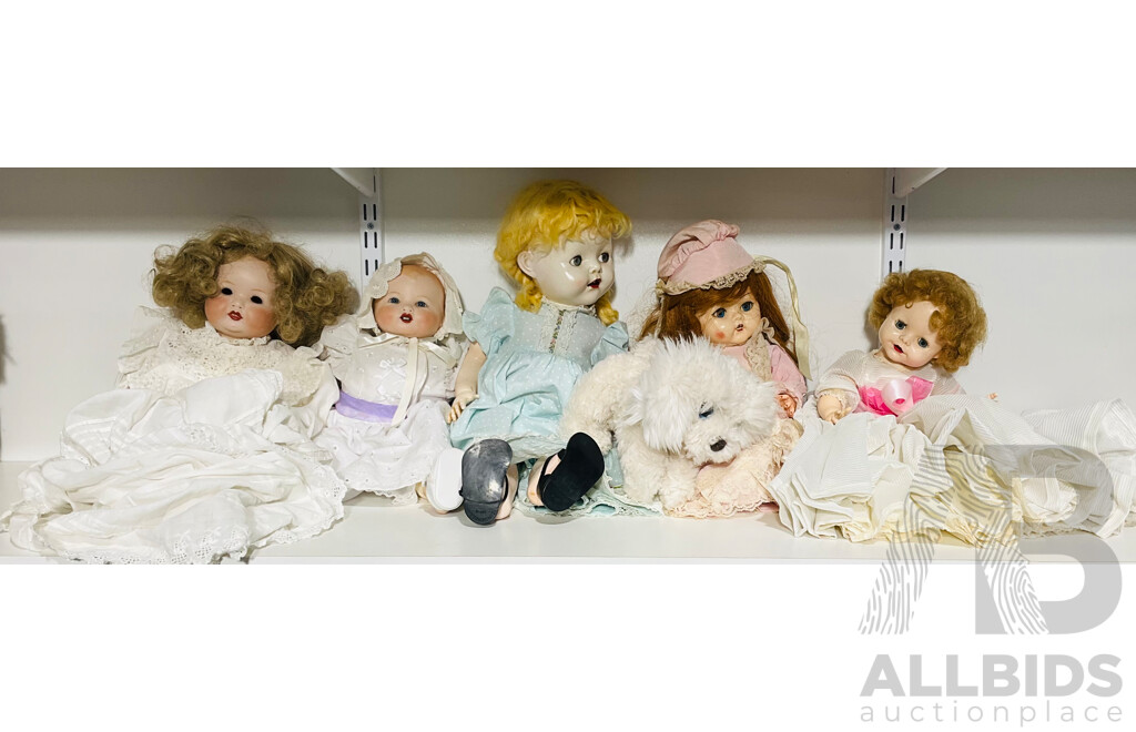 Collection of Five Vintage Dolls in Varied Condition, Alongside a Small Signature Fluffy White Cuddle Puppy