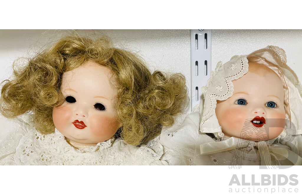 Collection of Five Vintage Dolls in Varied Condition, Alongside a Small Signature Fluffy White Cuddle Puppy