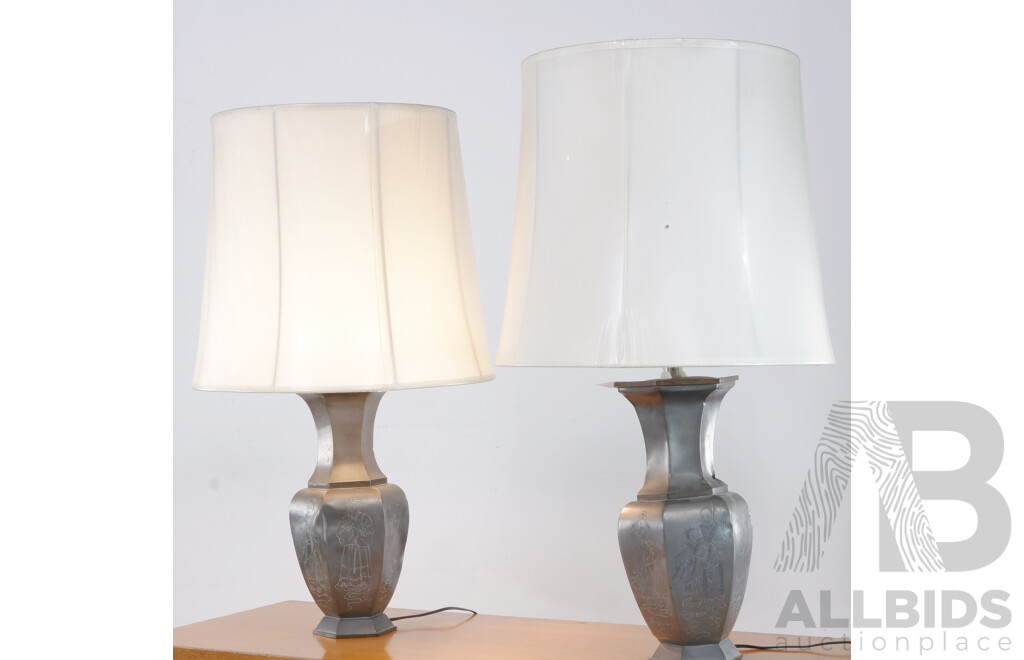 Near Pair of Vintage Engraved Pewter Table Lamps with Fluted Linen Shades
