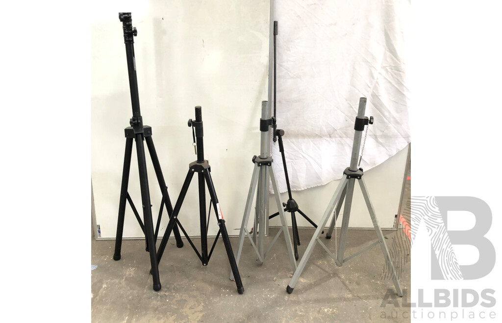 Large Assortment of Extendable Speaker and Light Stands with Attachments