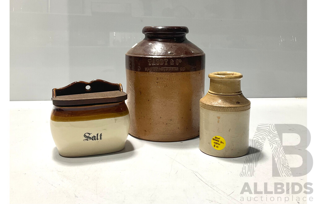 Two Antique Stoneware Jars with Vintage Glazed Stoneware Salt Container