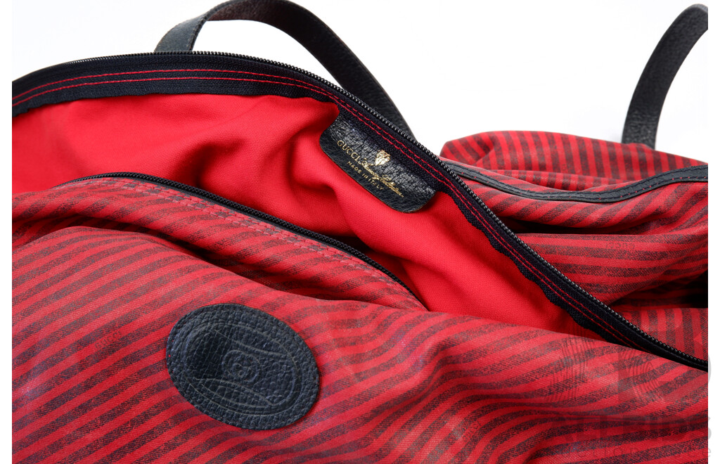 Vintage Gucci Rigate Line Boston Travel Bag, Leather Handles, Exterior Pockets, Zip Closure