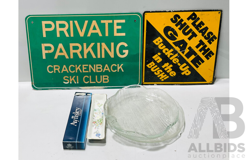 Pair of Vintage Signs Alongside Two Glass Bowls and an Aynsley China Wild Tudor Mint or Pen Tray in Original Box