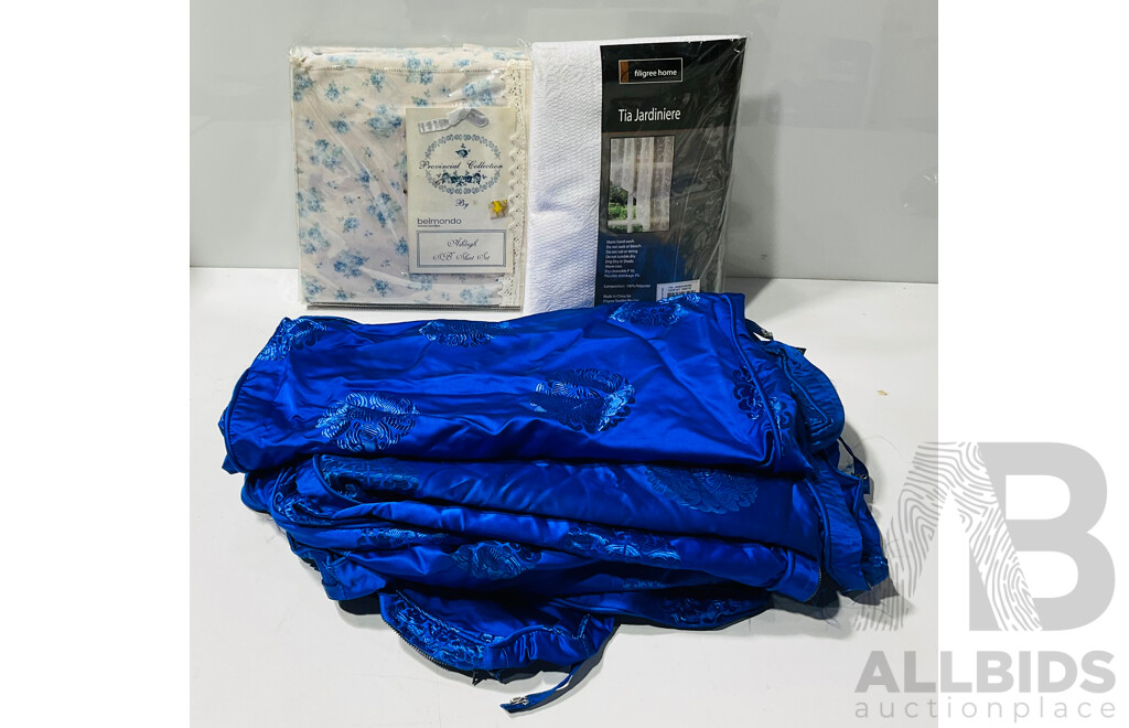 Quantity of Vintage Sheets, Curtains and Six Dark Blue Satin Asian Style Cushion Covers