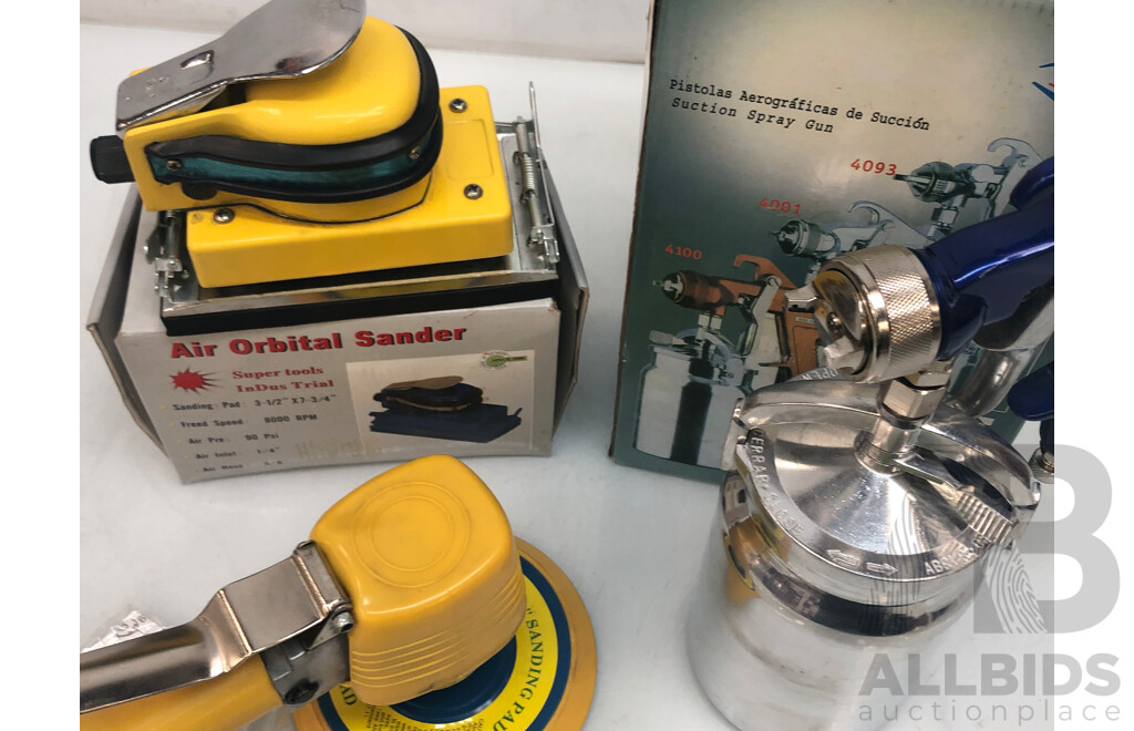 Pneumatic Air Orbital Sander, Pneumatic Spray Gun, and Pneumatic 6 Inch Disc Sander
