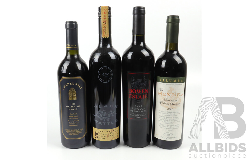 Lot of Four Assorted Red Wine Including Bowen Estate, Yalumba, Black Wattle and Chapel Hill
