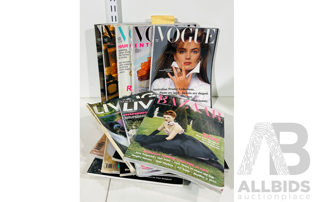 Quantity of Vintage Vogue Australia, Vogue Living and Vogue Entertaining Magazines Alongside a Stamp Album