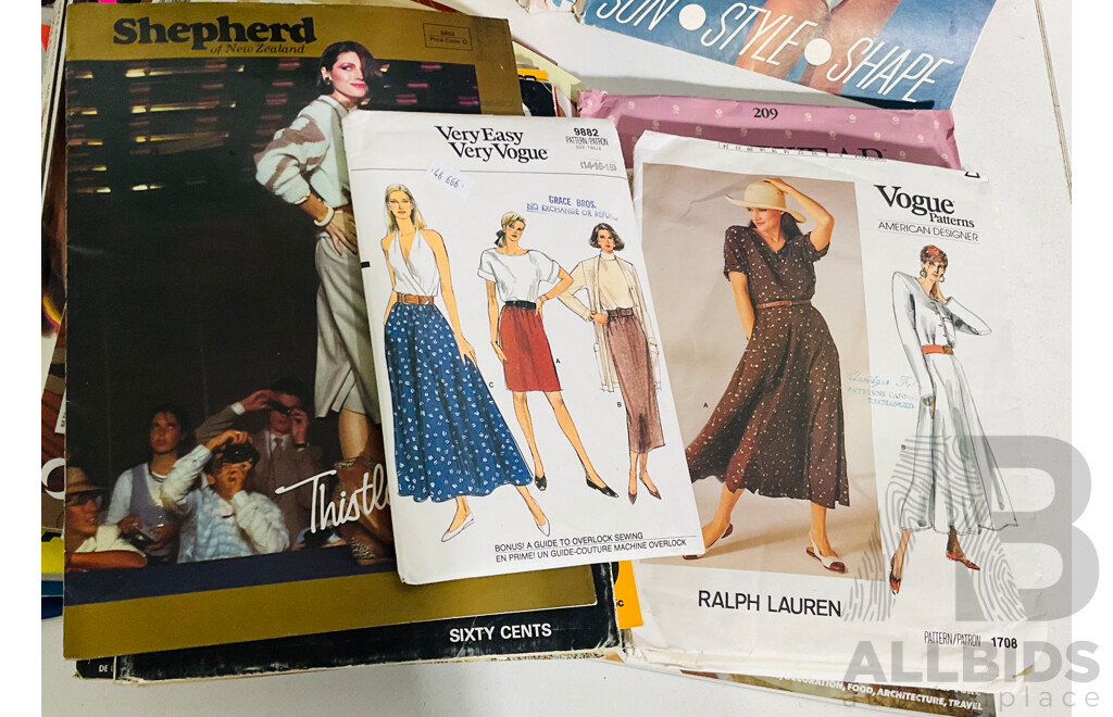 Quantity of Vintage Vogue, Vogue Australia and  Vogue Living Alongside Vintage Knitting and Sewing Patterns