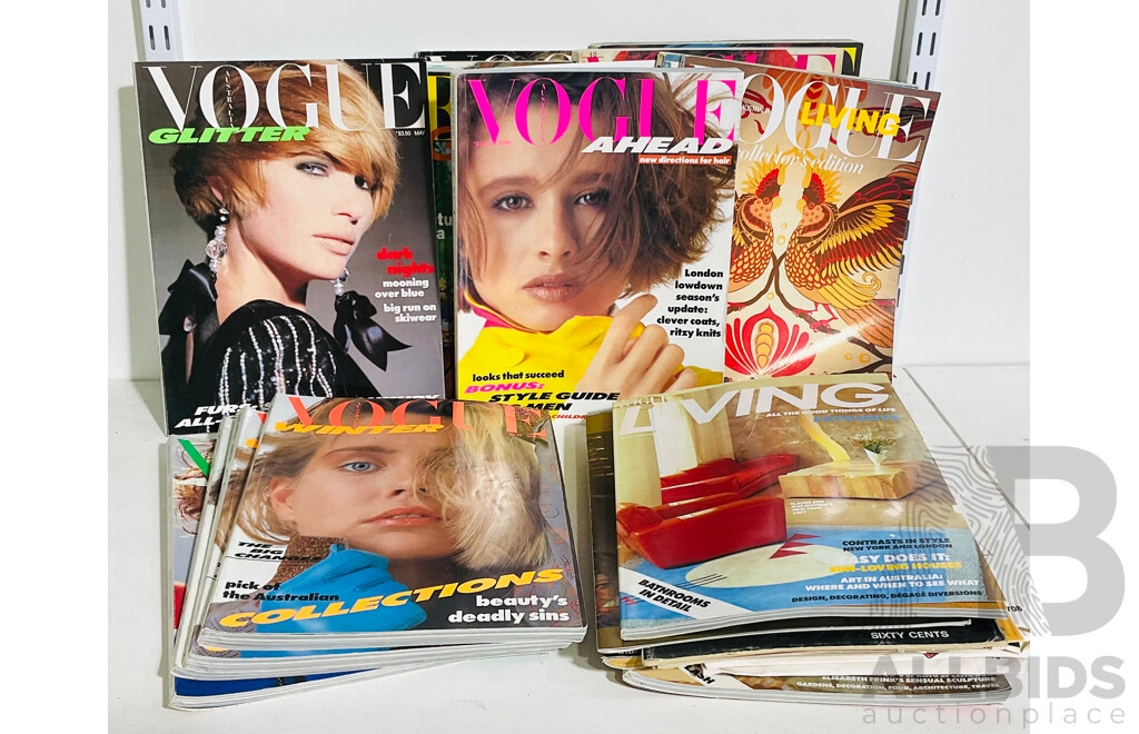 Quantity of Vintage Vogue, Vogue Australia and  Vogue Living Alongside Vintage Knitting and Sewing Patterns