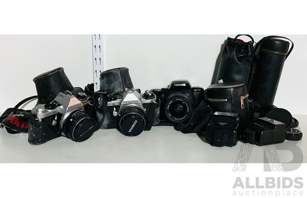 Trio of Pentax Cameras - Two Vintage MLE Super Cameras Alongside a Pentax Z-70 and Several Lenses and Flashes