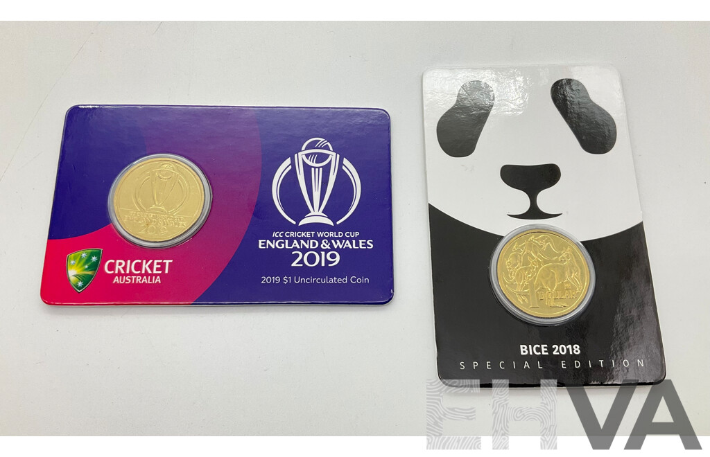 Australian UNC One Dollar Coins, 2019 Cricket England and Wales and 2018 Beijing International Coin Exposition (BICE)