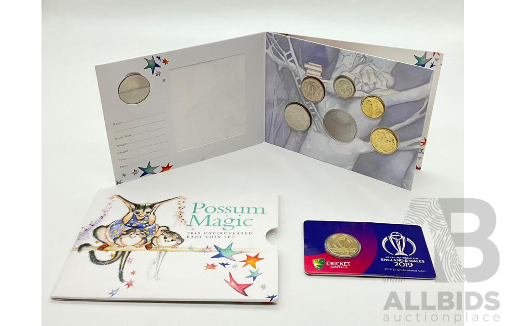 Australian 2018 UNC Possum Magic Baby Coin Set (Lacking Fity Cent) and 2019 One Dollar Coin - Cricket England and Wales