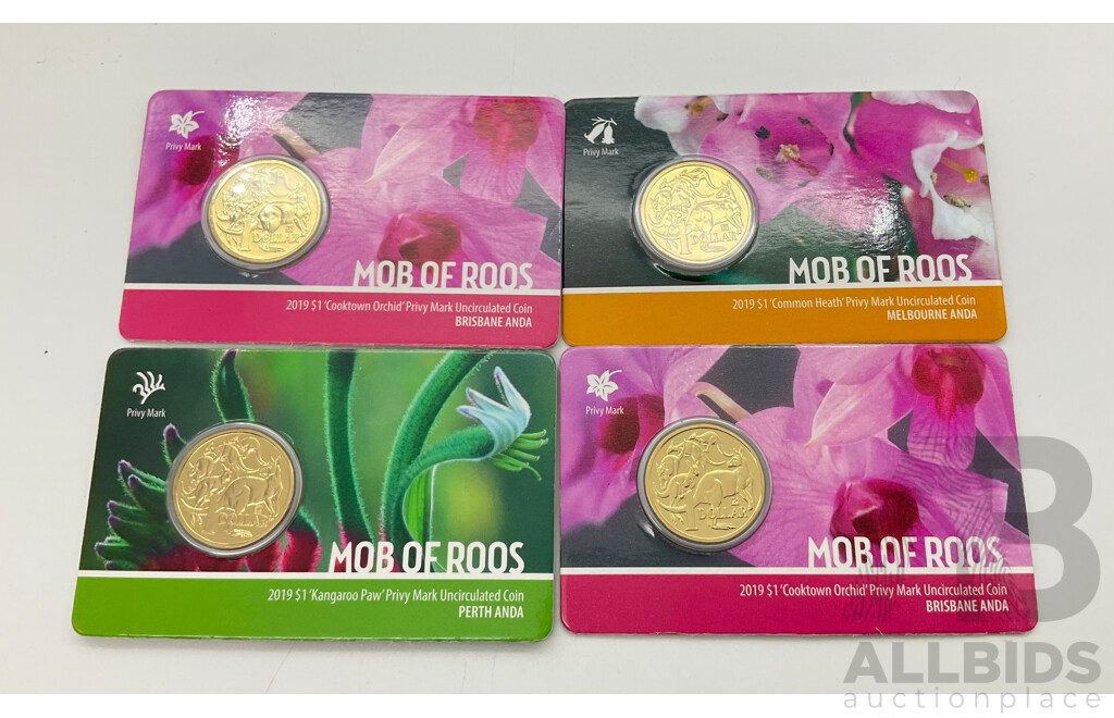 Four Australian 2019 Mob of Roos One Dollar Privy Mark Carded Coins, Common Heath, Kangaroo Paw, Cooktown Orchid(2)