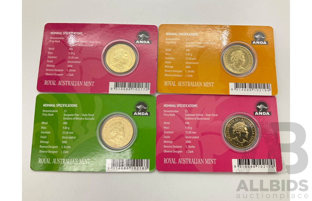 Four Australian 2019 Mob of Roos One Dollar Privy Mark Carded Coins, Common Heath, Kangaroo Paw, Cooktown Orchid(2)