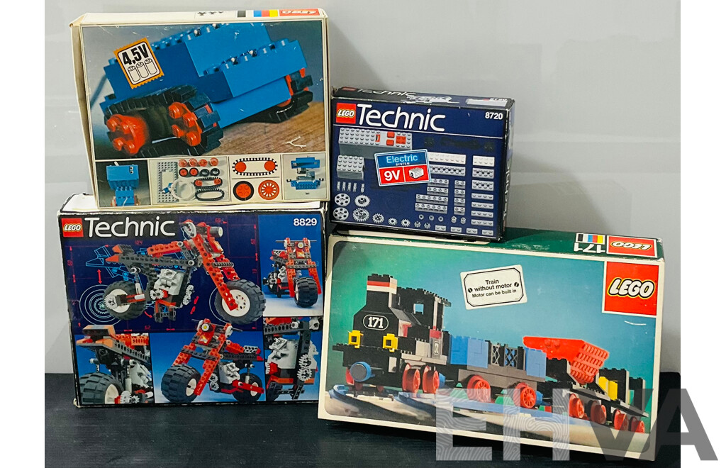 Four Vintage Retired Lego Sets, Technic Train Set 171, 4.5V Motor Set 103 , 9V Electric Motor Set 8720 & 8829 All in Original Boxes