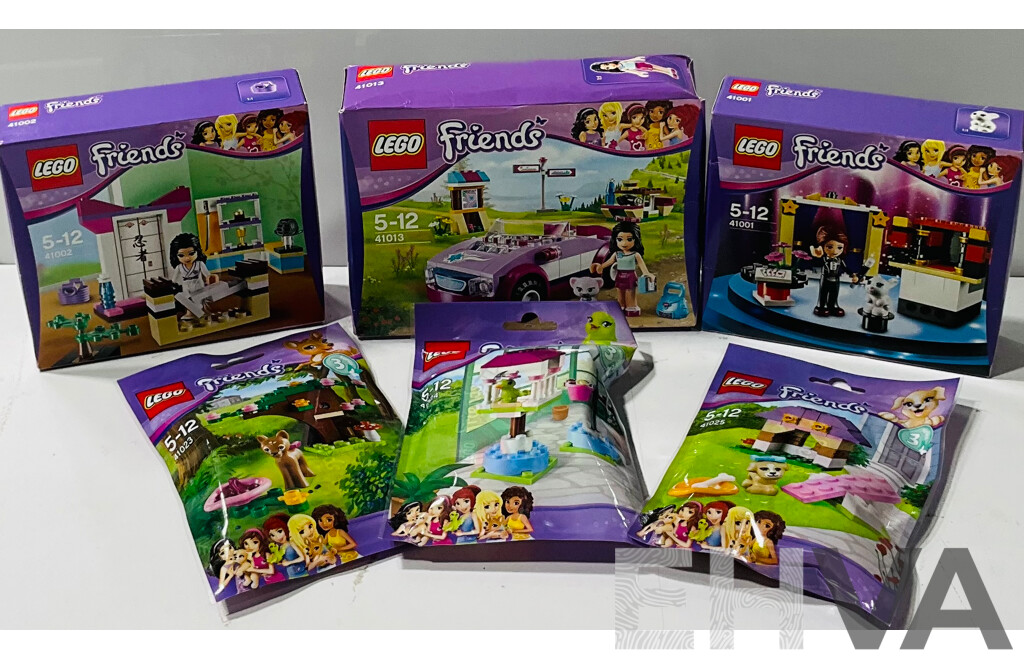 Six Retried Lego Friends Sets, Emmas Sports Car 41013, Mias Magic Trick 41001, Emmas Karate Class 41002, Fawns Forset 41023, Parrots Perch 41024 & Puppys Playhouse 41025,   Sealed New