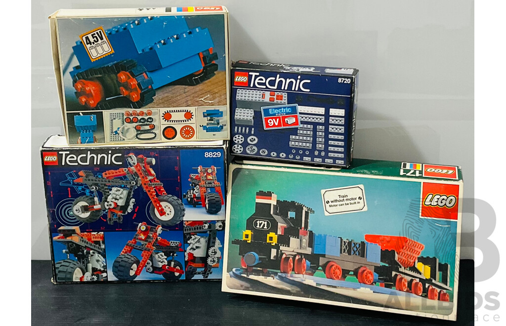 Four Vintage Retired Lego Sets, Technic Train Set 171, 4.5V Motor Set 103 , 9V Electric Motor Set 8720 & 8829 All in Original Boxes