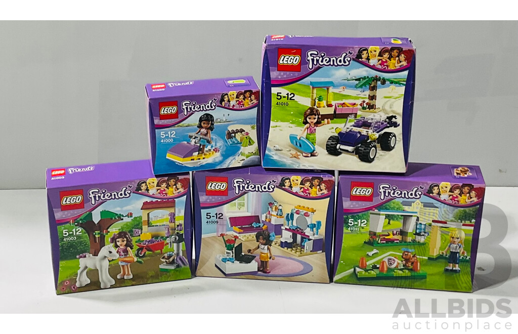 FIve Retried Lego Friends Sets,  Olivias Beach Buggy 41010, Stephanies Soccor Practice 41011, Andreas Bedroom 41009, Olivias Newborn Foal 41003 & Waterscooter Fun 41000, Sealed New in Box