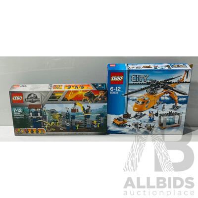 Two Retired Lego Sets, City Artic Helicopter 60034 & Jurassic World Dilophosaurus Outpost Attack 75931, Both in Original Boxes