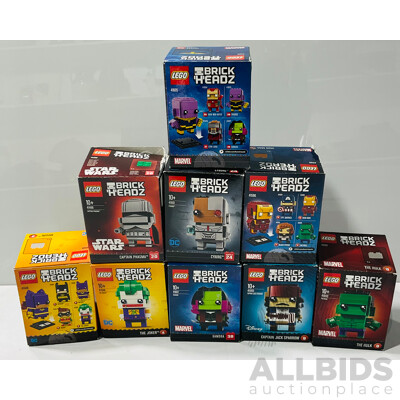Nine Retired Lego Sets, Brick Headz 41588, 41586, 41601, 41486, 41593, 41592, 41605, 41607 & 41590 All in Original Boxes