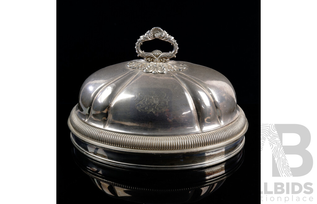 Immpressive Large Silver Plate Meat Dome with Ornate Handle and Engraved Armorial