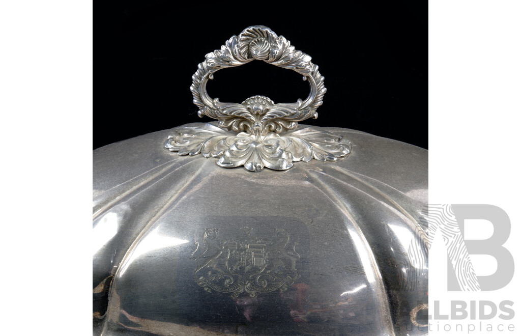 Immpressive Large Silver Plate Meat Dome with Ornate Handle and Engraved Armorial