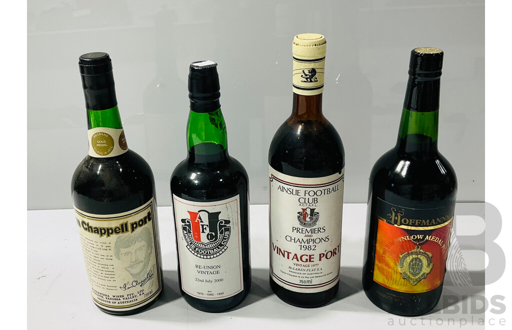 Collection of Vintage Sporting Commemorative Port Comprising Ainslie Football Club Premiers and Champions 1982 Heralding a 1977 Vintage, 1980 Brownlow Medal Port and More