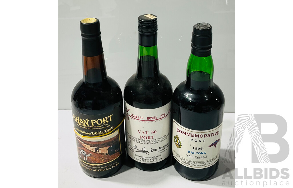 Quantity of Three Collectible Vintage Ports Including ‘Ghan’ Port Last Trip of the Ghan Train 1980,