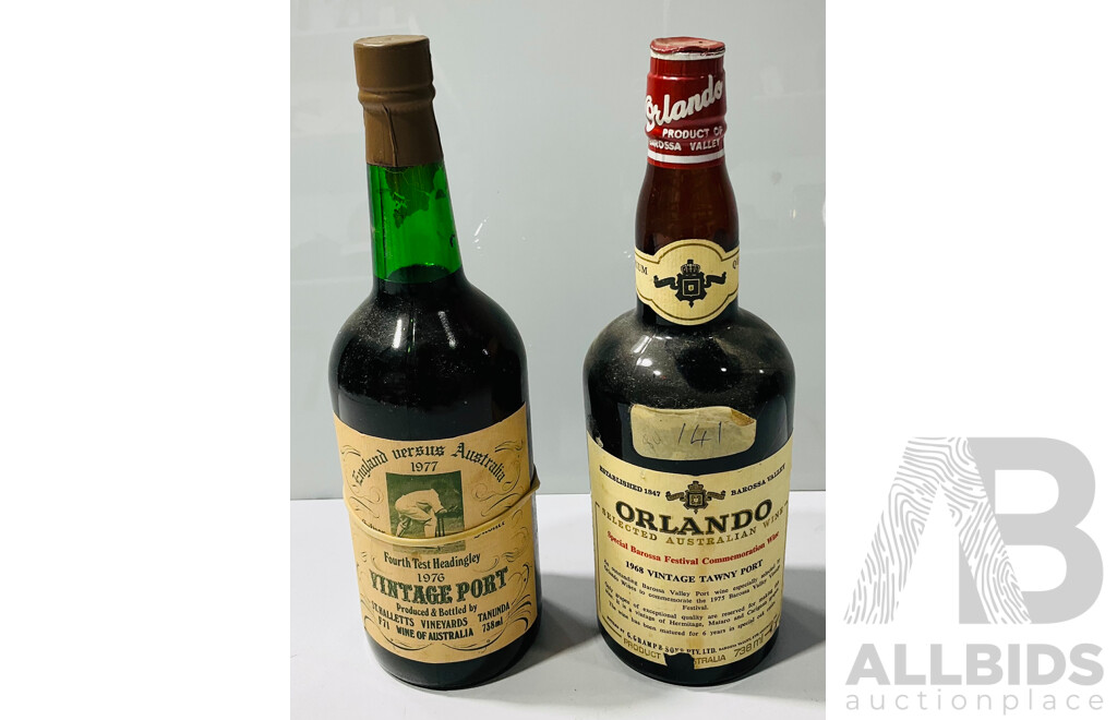 Duo of Collectible Vintage Port Including Orlando Special Barossa Commemoration Festival 1968 Vintage Tawny Port and a 1976 Vintage Port Fourth Cricket Test Headingly 1976