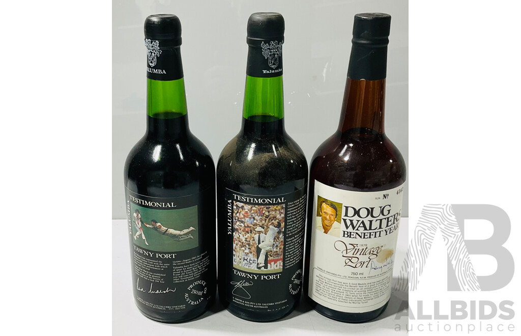 Trio of Commemorative Australian Cricketing Legends Vintage Port Comprising a Pair of Yalumba Tawny Ports Featuring Rod Marsh and Dennis Lillee; Alongside a 1979 Vintage Port From Doug Walter’s Benefit Year Run No 4343