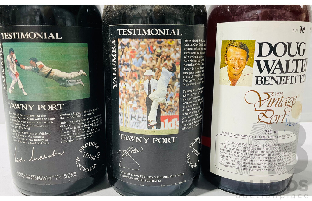 Trio of Commemorative Australian Cricketing Legends Vintage Port Comprising a Pair of Yalumba Tawny Ports Featuring Rod Marsh and Dennis Lillee; Alongside a 1979 Vintage Port From Doug Walter’s Benefit Year Run No 4343