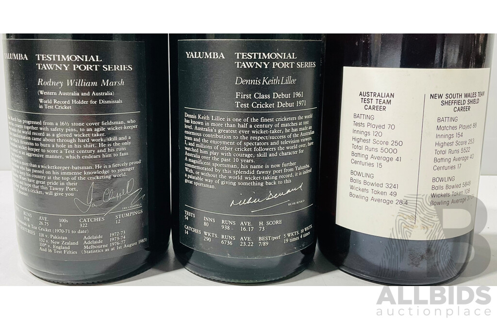 Trio of Commemorative Australian Cricketing Legends Vintage Port Comprising a Pair of Yalumba Tawny Ports Featuring Rod Marsh and Dennis Lillee; Alongside a 1979 Vintage Port From Doug Walter’s Benefit Year Run No 4343