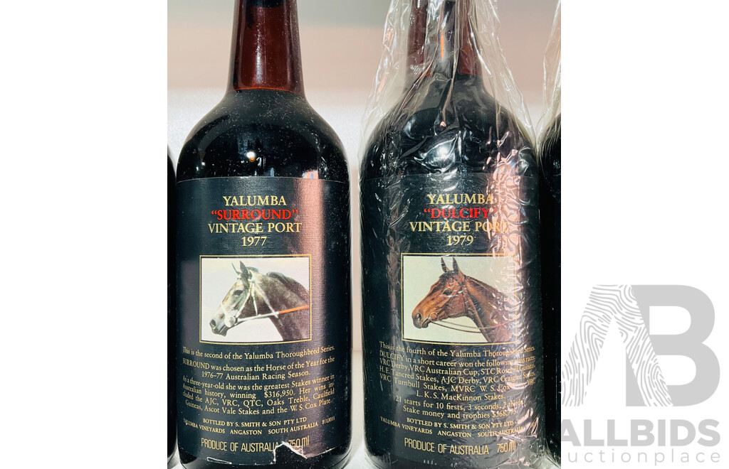 Collection of Five Yalumba Vintage Ports Featuring Various Race Horses From 1977, 1978, 1979, 1980 and 1981 Alongside a Bottle of Pure Steel Port