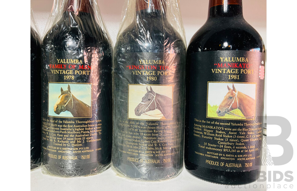 Collection of Five Yalumba Vintage Ports Featuring Various Race Horses From 1977, 1978, 1979, 1980 and 1981 Alongside a Bottle of Pure Steel Port