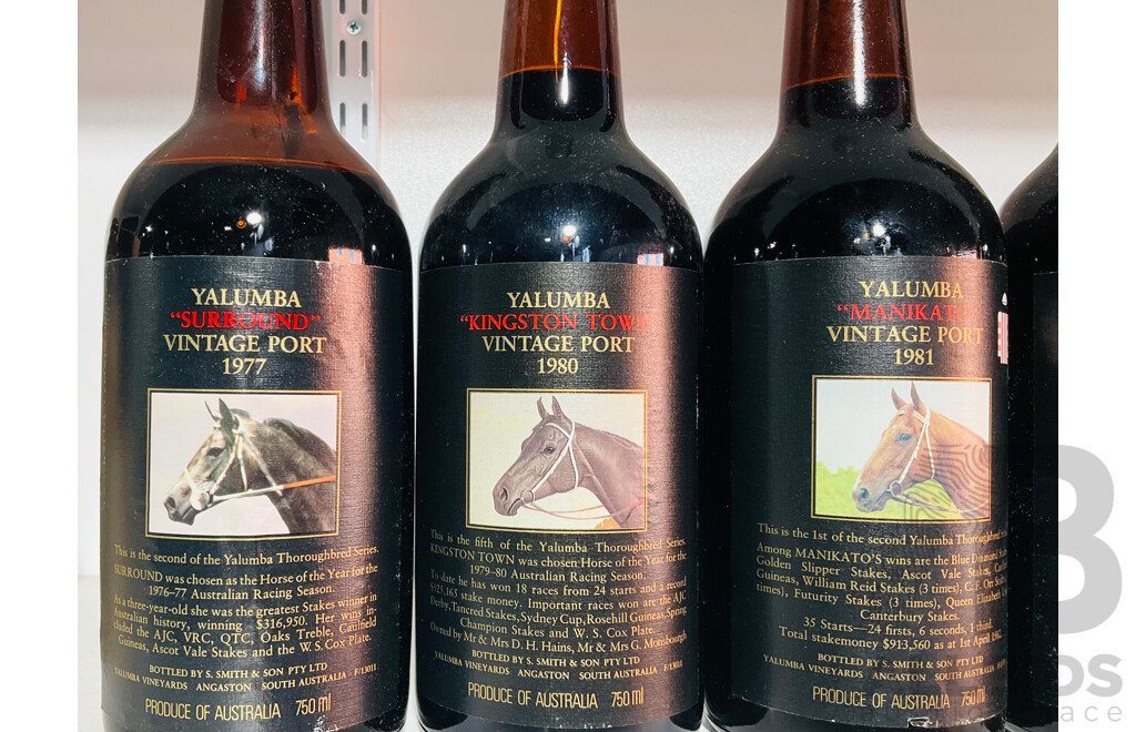 Collection of Six Yalumba Vintage Ports From Years 1977, 1980, 1981, 1982, 1984 and 1985 Featuring Various Race Horses