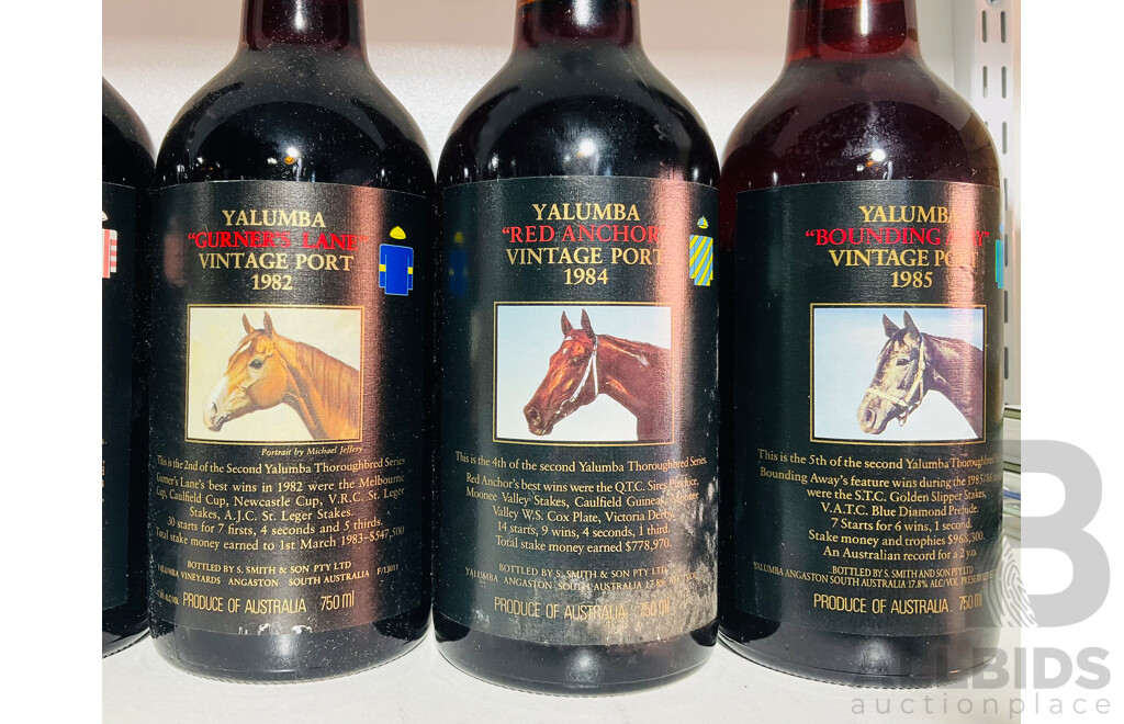 Collection of Six Yalumba Vintage Ports From Years 1977, 1980, 1981, 1982, 1984 and 1985 Featuring Various Race Horses